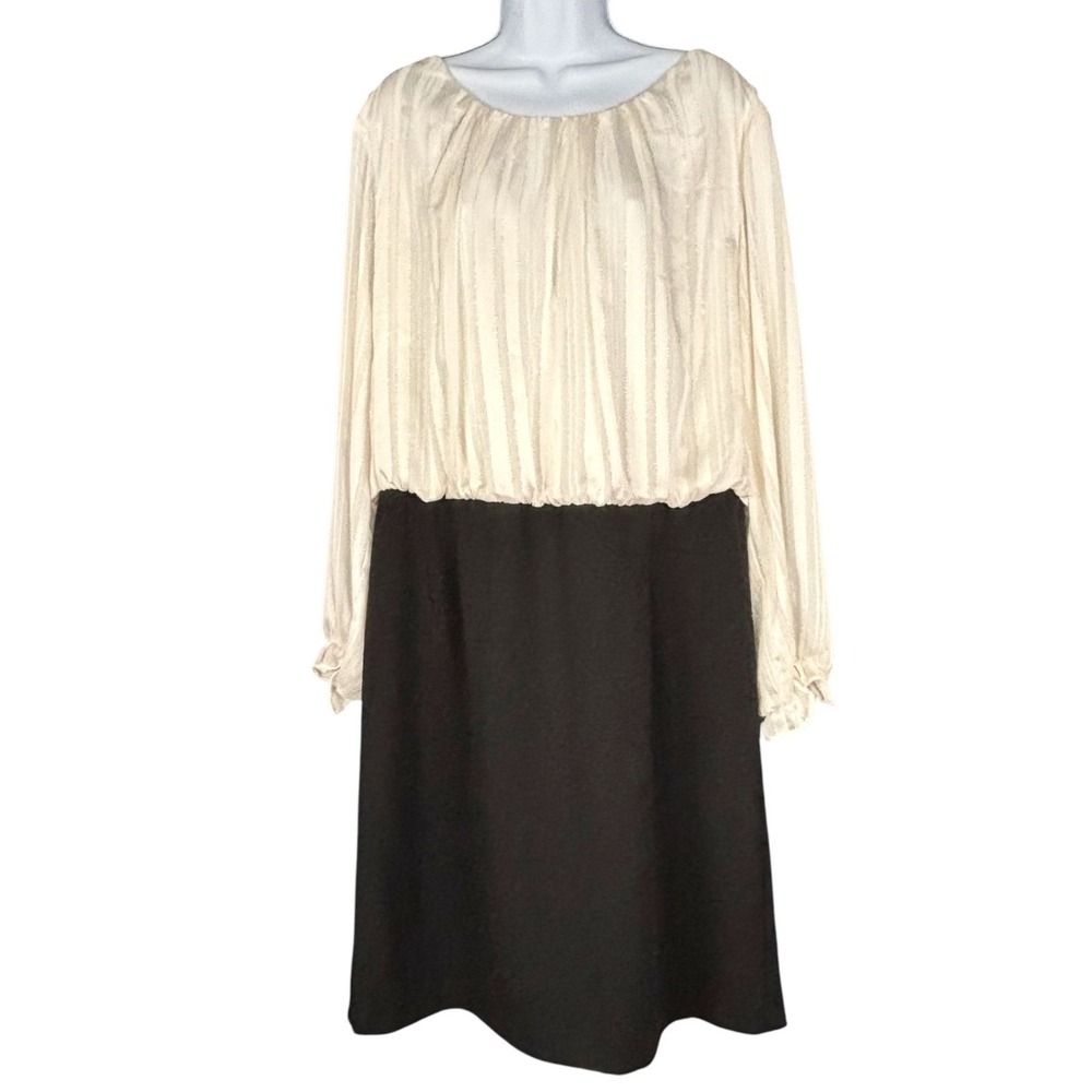 Connected Apparel Ivory Gold Stripe Blouson Evening Dress 20W Evening Elegant